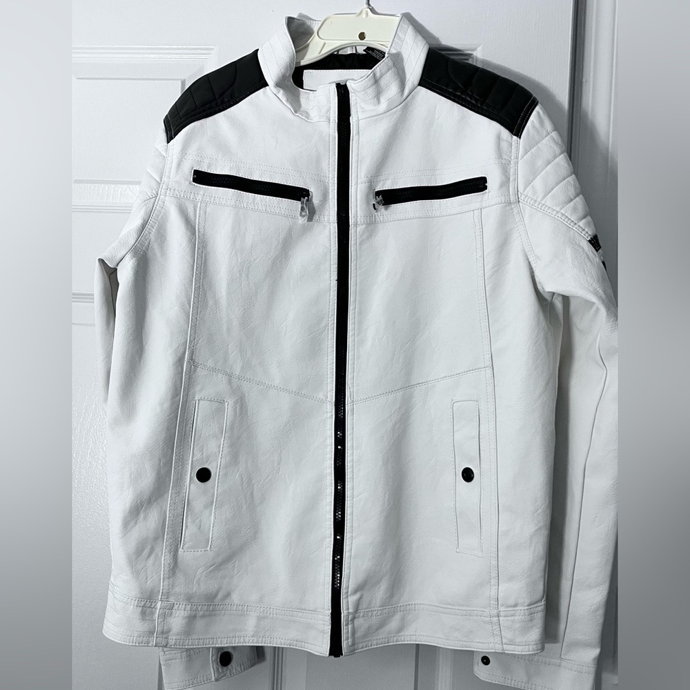 Hard Edge Faux Far Men's White Black Lightweight Stripes Biker Jacket Size L